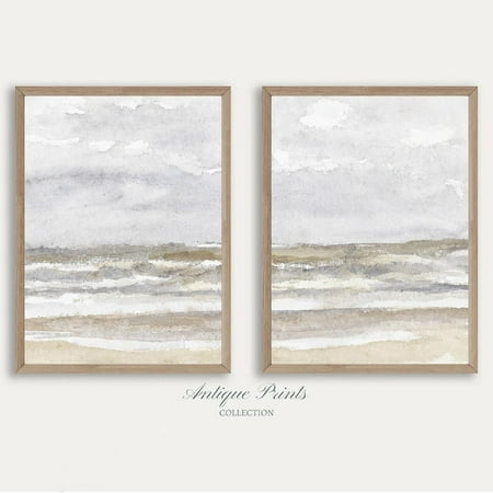 UNFFRAMED Muted Coastal Set, Vintage Seascape Wall Art, Antique Beach Landscape Poster, Neutral Cottage Decor Set 2 Prints 20x30