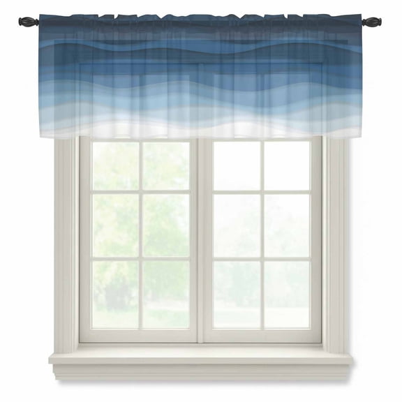 Navy Blue Ombre Valance Curtains for Kitchen/Living Room/Bathroom/Bedroom Window, Rod Pocket Small Topper Half Short Window Curtains Voile Sheer Scarf, Modern Moire Wave Gradient 60"x18"