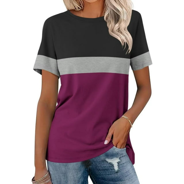UPPADA T-Shirts à Blocs de Couleur et de Couleur Unie pour Femmes, Manches Courtes, Col Ras du Cou, T-Shirts d'Été Décontractés, Blouses Fluides Tendance, Rouge Melon D\'eau, TTG