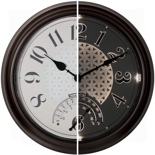 Presentime & Co. 14"" in/Outdoor Luminous Wall Clock with Thermometer Weather Thermometer Night Light with Smart Sensor - Oil Rubbed Bronze Finish Outdoor Lights & Decoration.