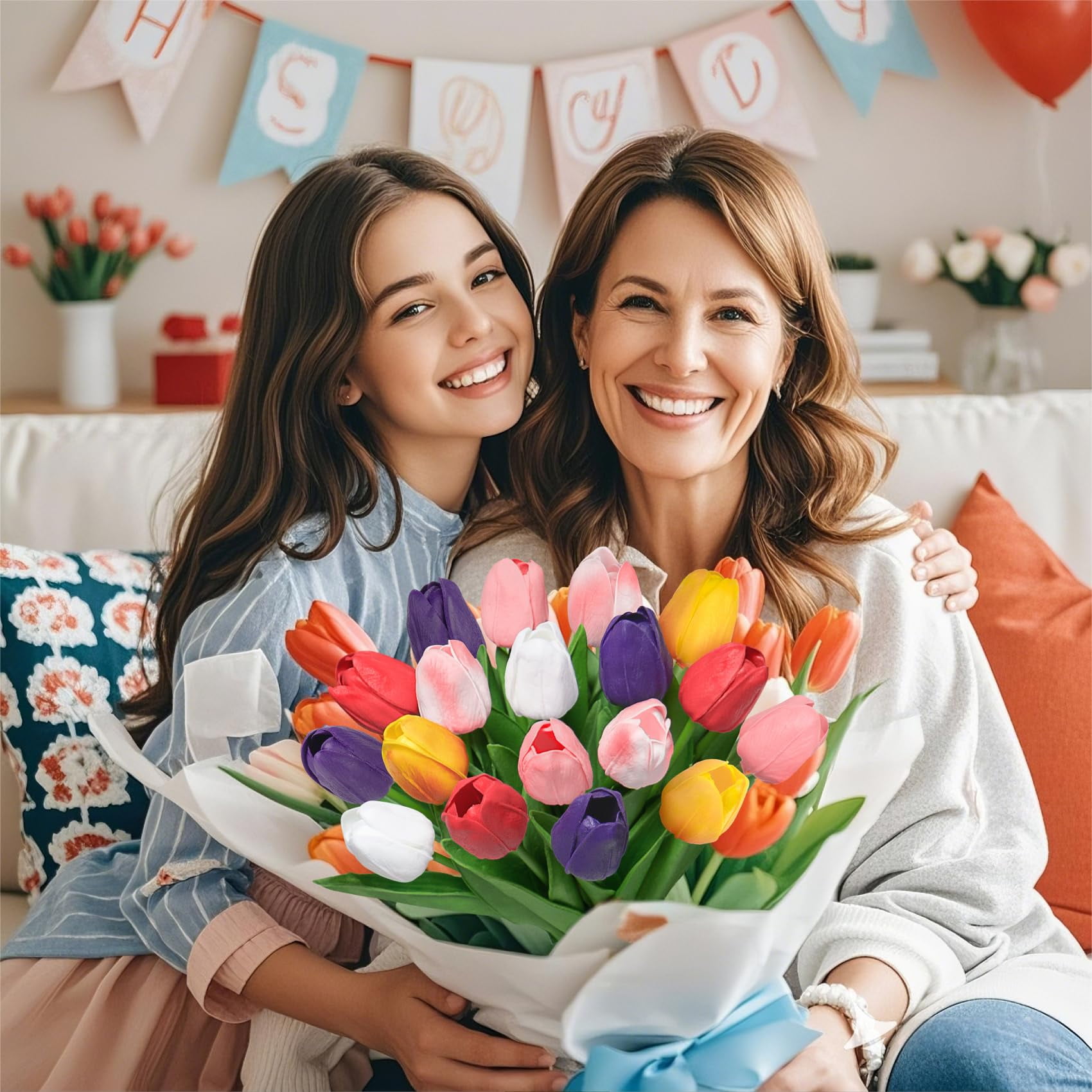 Trianu 30Pcs Artificial Tulips Fake Tulips Flowers 13" Slik Tulips Artificial Flowers Real Touch Tulips for Spring Easter Decor Mother's Day Wedding Bouquet (Multicolor 2)