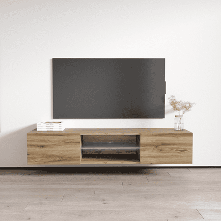 Fly Type-33 Floating TV Stand for TVs up to 70 Modern High Gloss 63 Entertainment Center Wall Mounted TV Media Console with Storage Cabinets and LED Lights