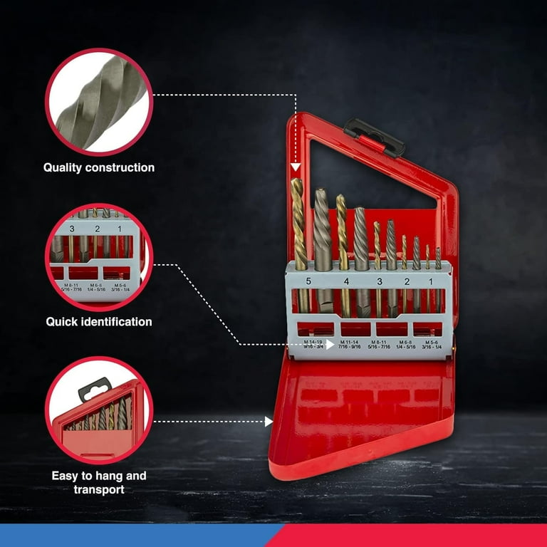 NEIKO 01925A Screw Extractor and Left Hand Drill Bit Set HSS M2 Steel Drill Bits Alloy Spiral Flutes Reverse Drill Bit and Bolt Extractor Easily Remove Stripped Screws and Broken Bolts 10 Pieces Walma...