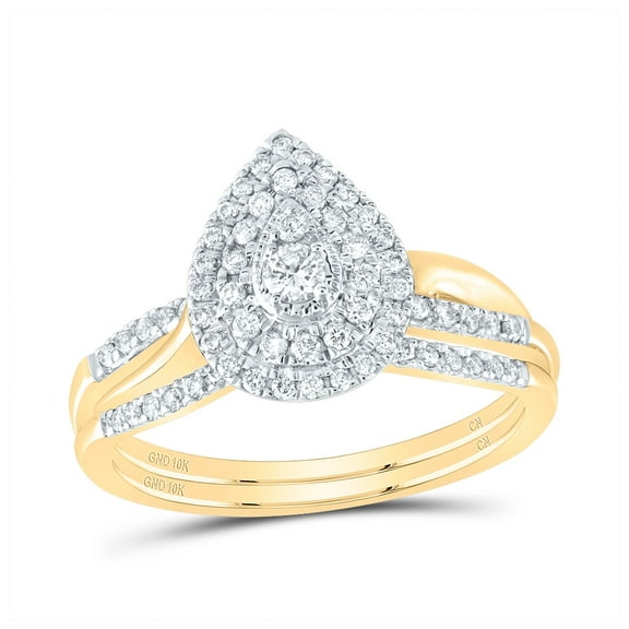 10kt Yellow Gold 3/8 Cttw Natural Diamond Pear Double Halo Wedding Engagement Anniversary Bridal Set, Women Size: 5-9