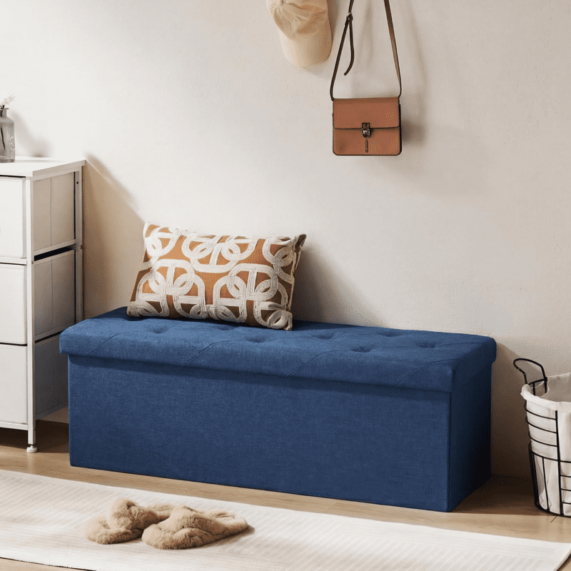 Telyra 43" Foldable Storage Ottoman Bench Fabric Footrest Stool with Foam Padded Seat, Blue