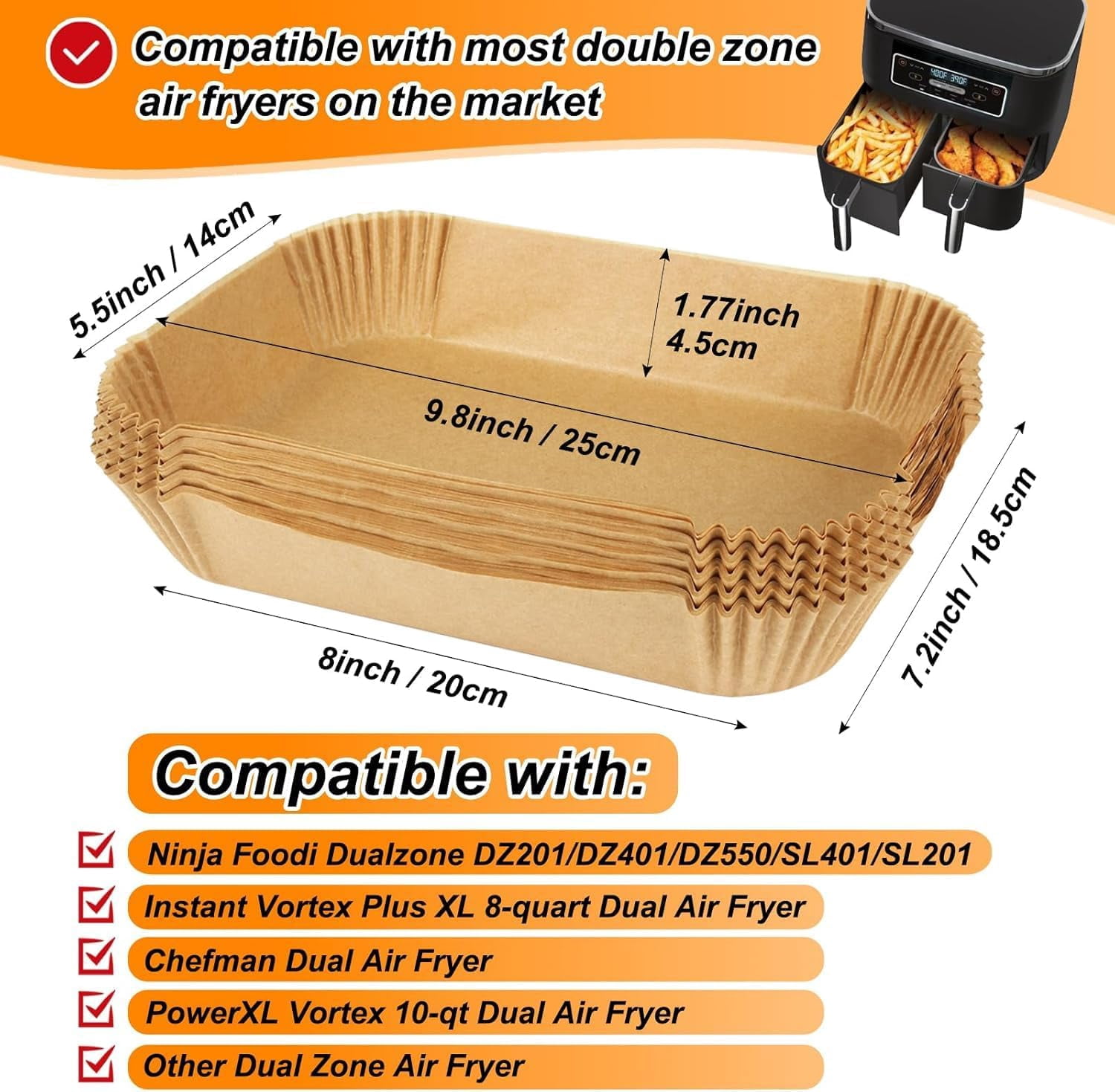 JJEAN-100 Pcs Air Fryer Parchment Paper Liners, 8.6x5.5 Inch Pre-Cut Disposable Sheets for Dual Basket Models DZ201/DZ401/DZ071 - Non-Stick, Unbleached, Safe for Frying, Baking, Roasting