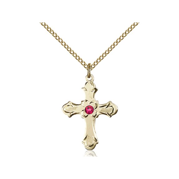 Gold Filled Cross Pendant with 3mm July Red Swarovski Crystal 7/8 x 5/8 inches with Gold Filled Lite Curb Chain