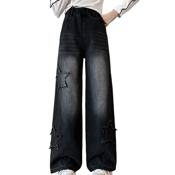 CPNG Teen Girls Star Patch Straight Wide Leg Jeans Trendy Loose High Waist Elastic Waist Casual Denim Pants(Black,11-12 Years)