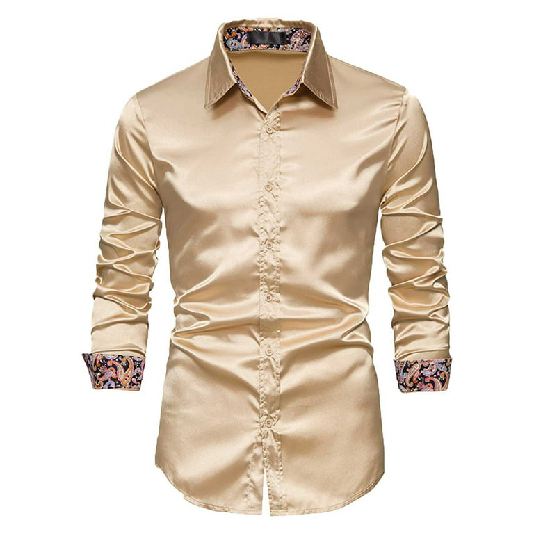IROINNID On Sale Long Sleeve Shirts for Men Leisure Glossy Turndown Top  Blouse Formal Shirt,Khaki 
