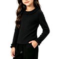 thumbnail image 2 of Girls Ruffle Neck Long Sleeve Shirts, Kids Soft Slim‑Fit Pullover Top, Solid Color Ruffle Cuffs Casual Blouse, 2 of 9
