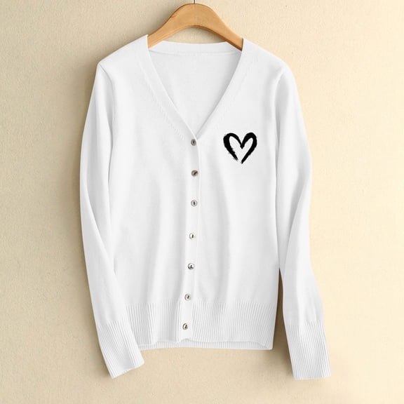 SYMOID Womens White Heart Pattern Cardigan - Soft Acrylic V-Neck Button Front Long Sleeve, Inclusive Sizes S-XXXL, Casual Layering Essential,Size 2XL
