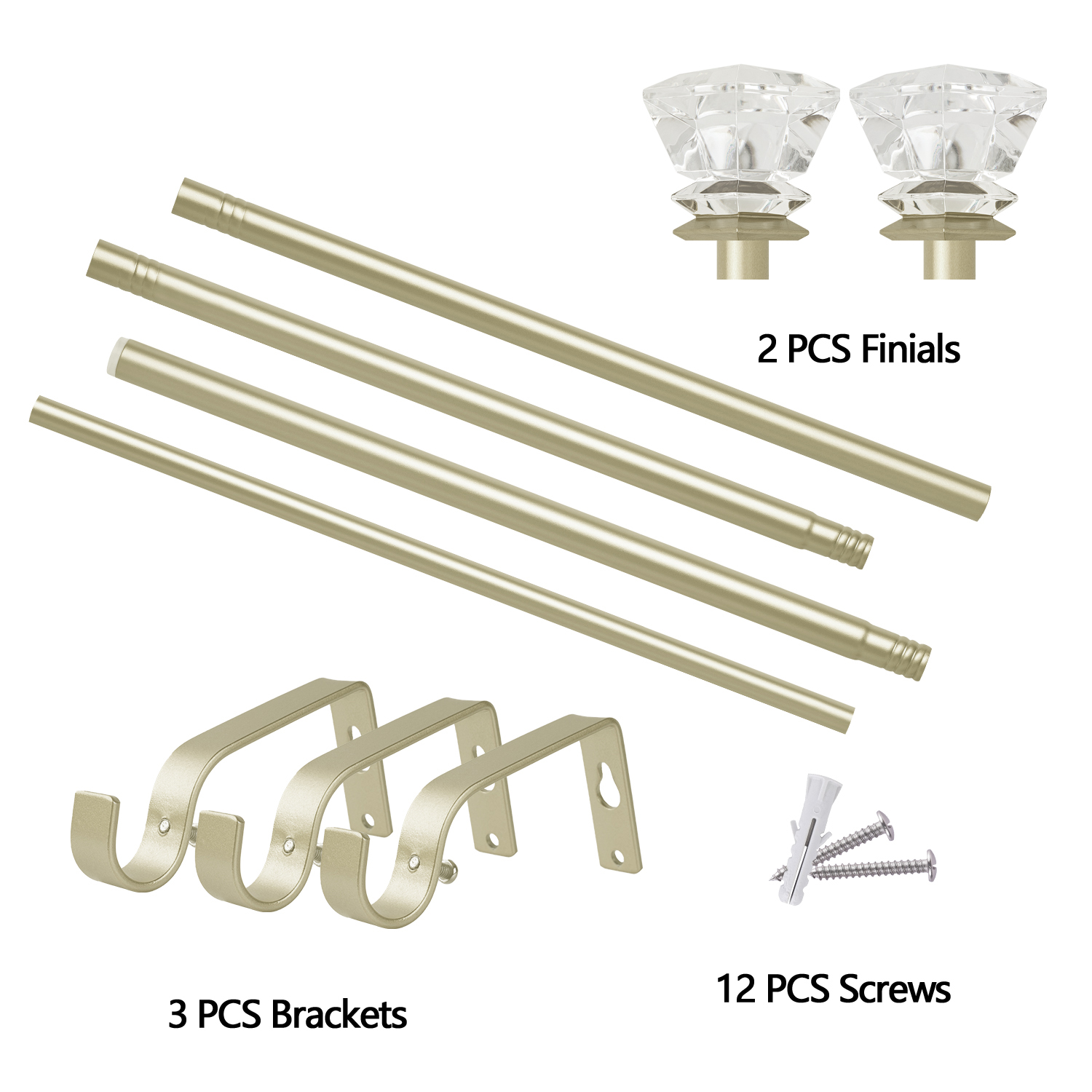Curtain Rods 30-55" Champagne Adjustable drapery rod with 60mm clear square finials and 3 piece wall brackets. 2PACKS