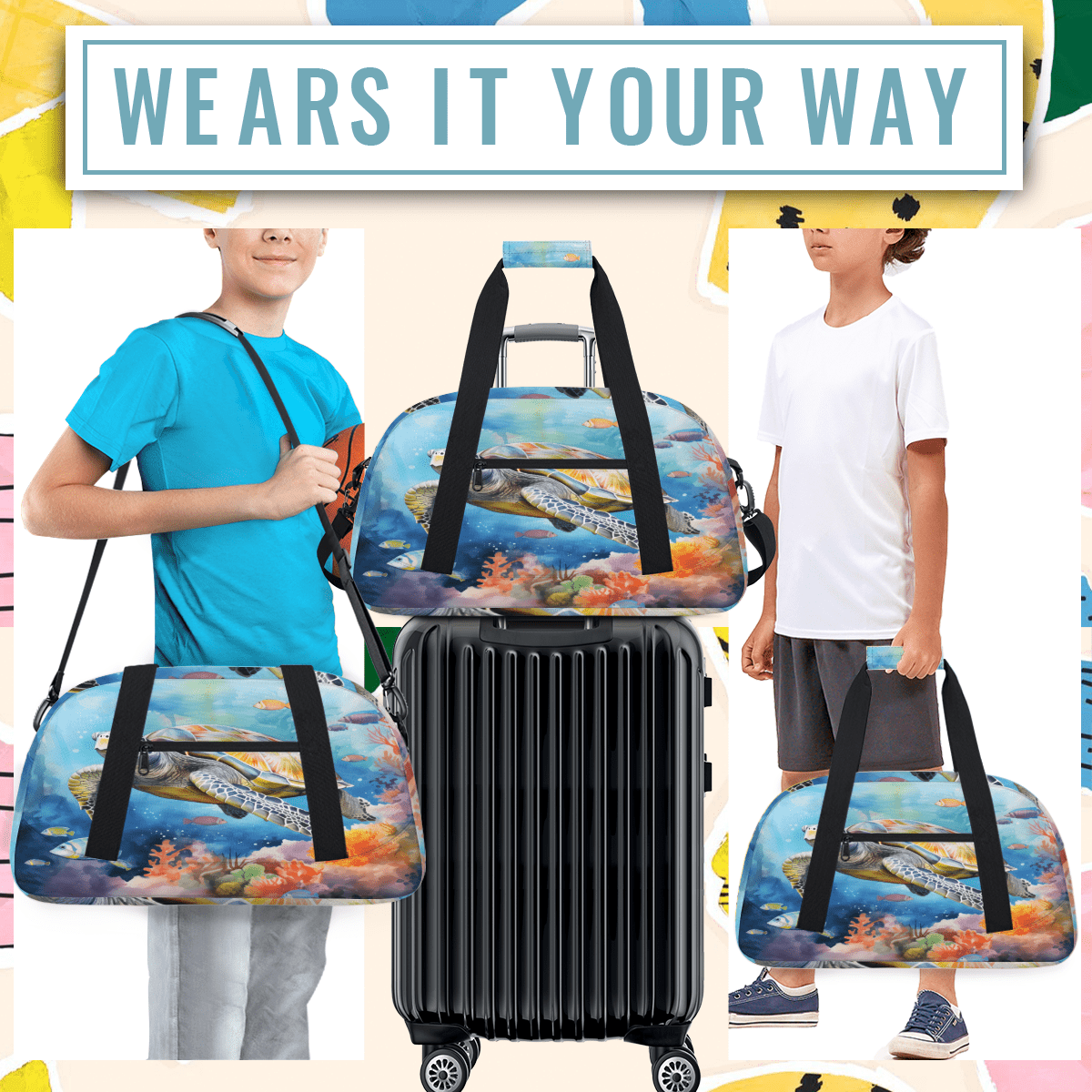 Herdesigns Sea Turtle Theme Sports Duffle Bag for Women & Men, Gym Bag Dance Bag Overnight Bag Carry On Weekender Travel Bag