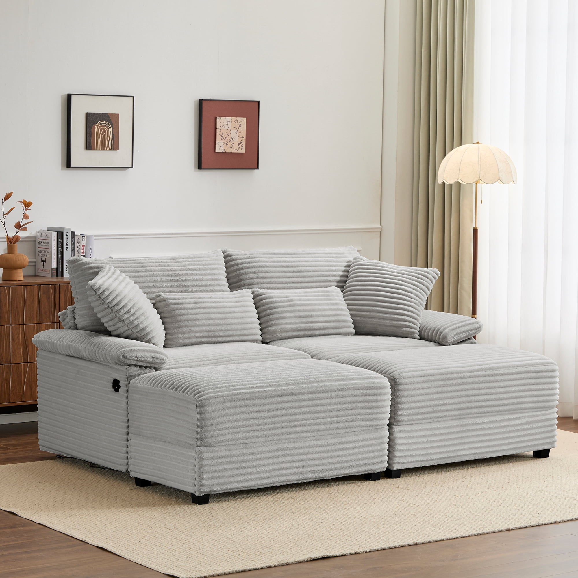 Alvantor 74" Sofa Loveseat with Reversible Ottoman & USB Port Corduroy Chaise Couch for Living Room Gray