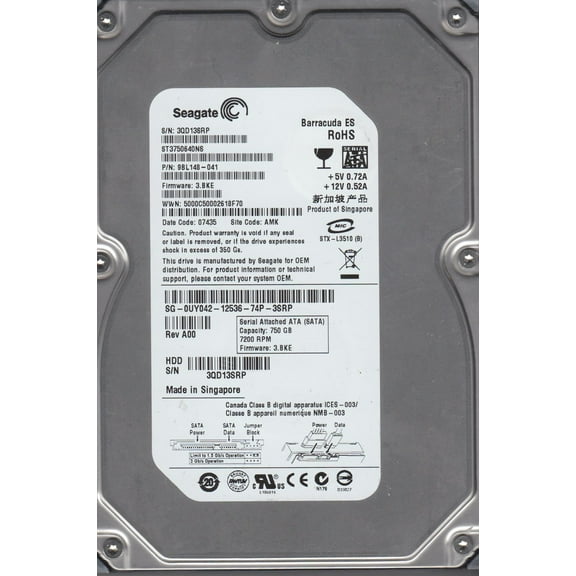 ST3750640NS, 3QD, AMK, PN 9BL148-041, FW 3.BKE, Seagate 750GB SATA 3.5 Hard Drive