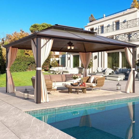 U-HOMY 10 ft x 13 ft Hardtop Gazebo with Double Roof, Metal Frame, Netting and Curtains for Patio
