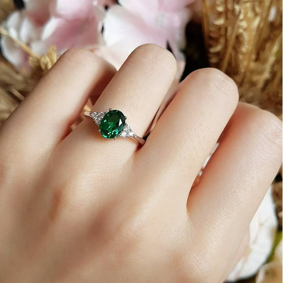Oval emerald ring, 2 Carats 6*8 mm Oval Cut Three Stone Style Emerald Engagement Ring,