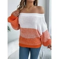 thumbnail image 3 of Women Crochet Knit Casual Color Block Off Shoulder Trendy Sweaters Pullover Lantern Sleeve Warm Tops Orange M, 3 of 8