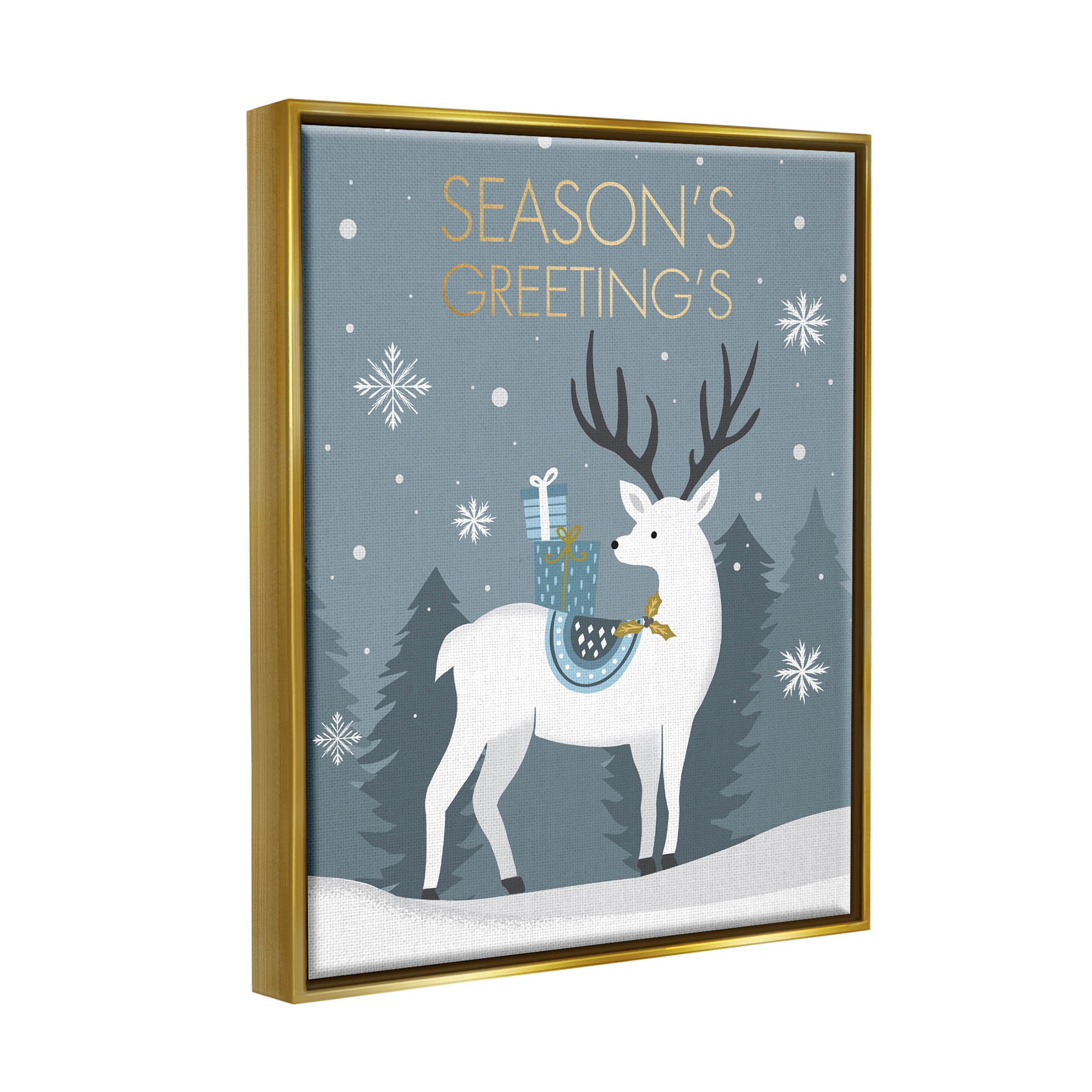 Stupell Industries Season's Greetings Holiday Reindeer Graphic Art Metallic Gold Floating Framed Canvas Print Wall Art, Design by Louise Allen Designs