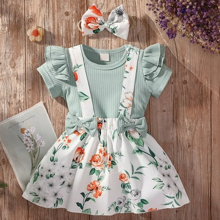 

dmqupv Clothes for Teen Girls Pants Babys Girls Summer Short Sleeve Clothes Floral Young Girls Outfits Green 6-9 Mouth