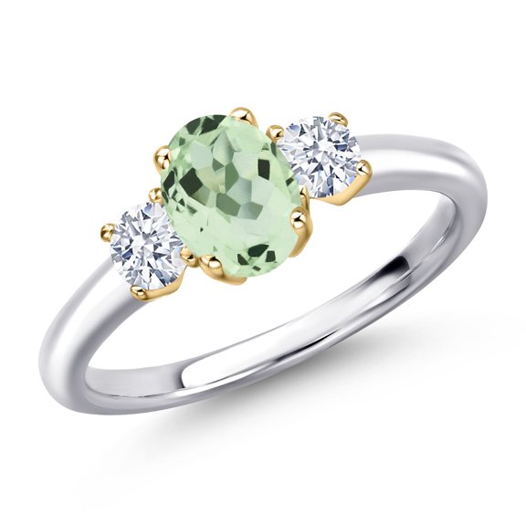 Gem Stone King 925 Silver and 10K Yellow Gold Green Prasiolite and White Zirconia Engagement Ring for Women | 1.40 Cttw | Oval 7X5MM | Gemstone Birthstone | Size 7