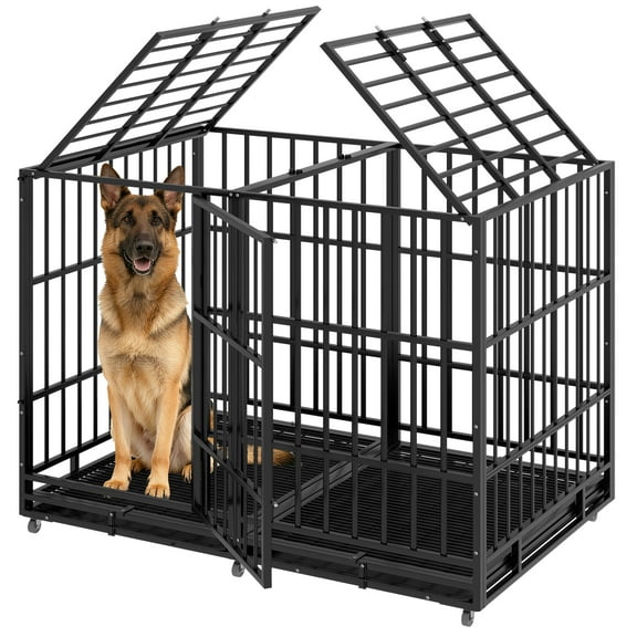 YOKWOK 54 Inch Heavy Duty Dog Crate – Indestructible Steel Cage for Large Dogs, Double Door High Anxiety Cage with Removable Tray & Locking Wheels, Escape Proof XL XXL Indoor Crate