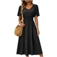 thumbnail image 2 of Dolkfu V-Neck dresses for women Waist Cinched Black Short Sleeve Long Fit & Flare Dresses Refined Patchwork Regular Polka Dot Dresses Black,L, 2 of 6