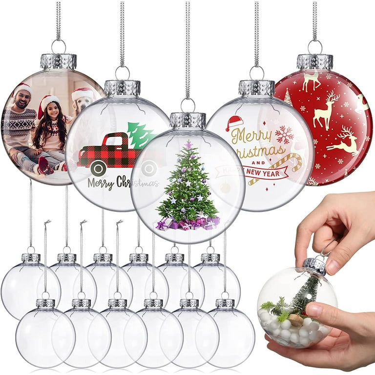 83 mm/3.27 inch Round Fillable Clear Plastic Ball Ornaments Clear Christmas  Plastic Ornaments with Rope and Removable Metal Cap Clear Hanging