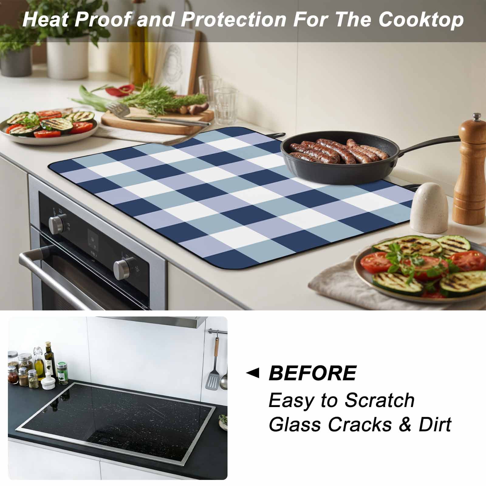 Navy Blue Plaid Stove Top Cover for Electric Stove, Heat-proof & Non Slip Glass Top Stove Cover Protector, Spring Farmhouse Buffalo Checkered Kitchen Flat Cooktop Rubber Mat 24x21 Inches