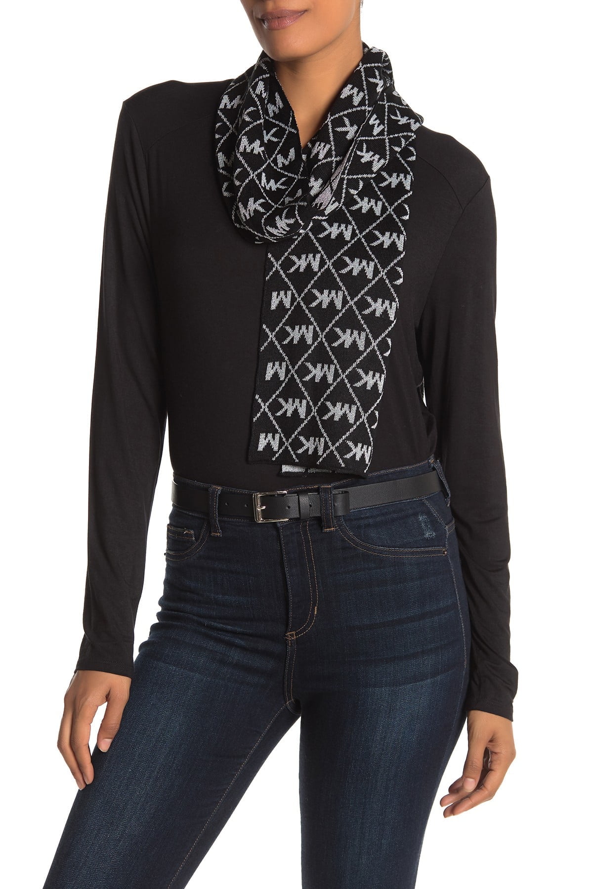 Michael Kors Womens MK Logo Metalic Scarf Dazzling Knit, Black/Silver