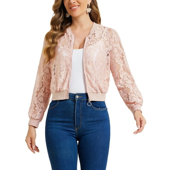 CHAQUETA DE LACE PARA MUJERES INSPIRADA EN SAN VALENTÍN, CON CUELLO ALTO, CREMALLERA Y MESH TRANSPARENTE, BOMBER JACKET, COLOR ROSA