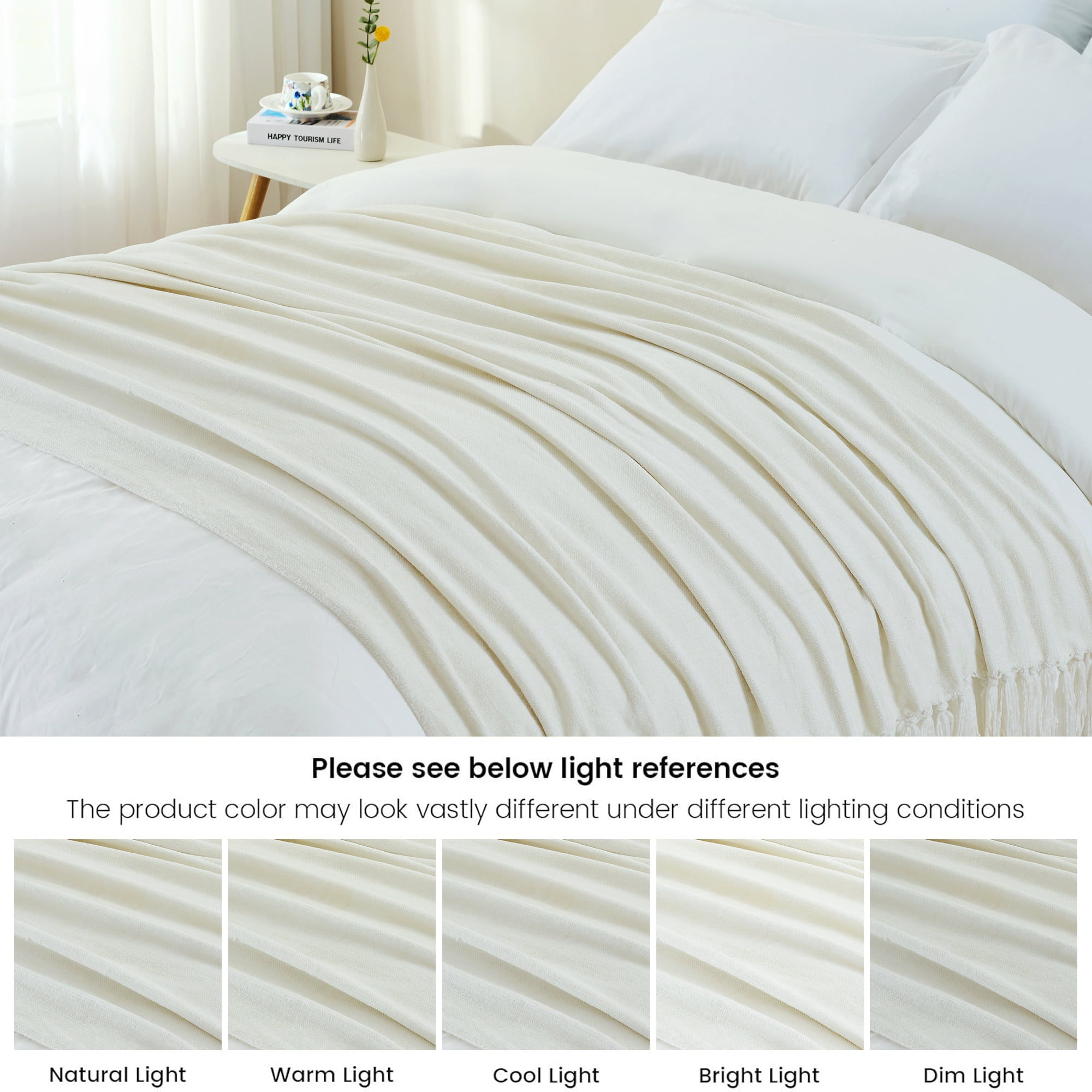 LONG CREATE Chenille Throw Blanket with Fringe Tassel for Couch Sofa Chair Bed, White 60" x 80"