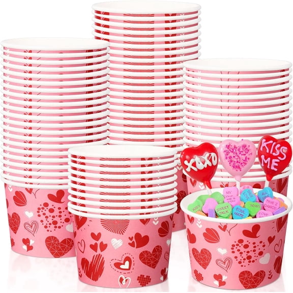 50 Pack 9 oz Valentine's Day Soup Bowls Disposable Heart Paper Cups Lovely Disposable Dessert Bowls Valentines Snack Cups for Hot or Cold Food Anniversary Wedding Bridal Shower Party Supplies