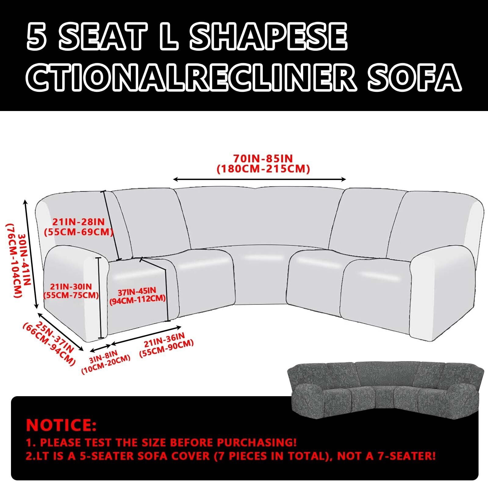 TOPCHANCES Stretch Recliner Sofa Slipcover for 5 Seat Recliner, 7-Piece Knitting Jacquard Sectional Couch Covers Furniture Protector (Dark Grey)