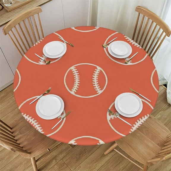 HAOXIT Baseball Orange Pattern Round Fitted Tablecloth with Elastic Protector Table Kitchen Dinner Waterproof Oil-Proof Table Covers 31"-35