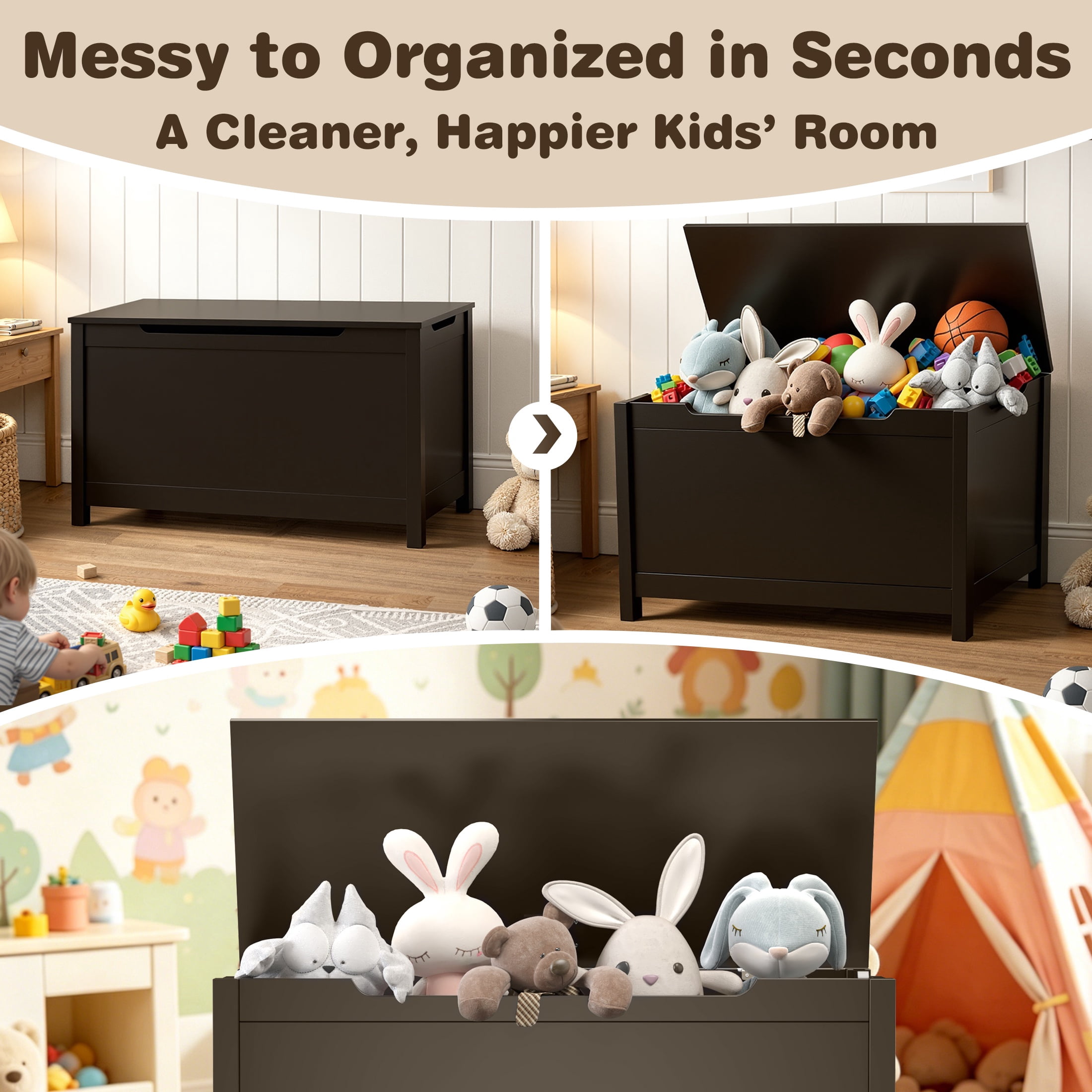 Large Toy Box with Lid, SESSLIFE Wooden Toy Chest and Seating Bench for Boys Girls, Safety Hinged Toy Storage Box, Toy Organizer for Playroom, Bedroom, Nursery, Espresso