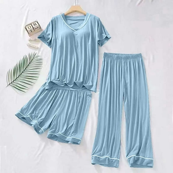 jobturf Pajamas for Women Set Plus Size 3 Piece Lounge Sets Short Sleeve Tops with Built in Bra Elastic Waist Long Pants and Casual Shorts Loose Soft Pjs Outfits