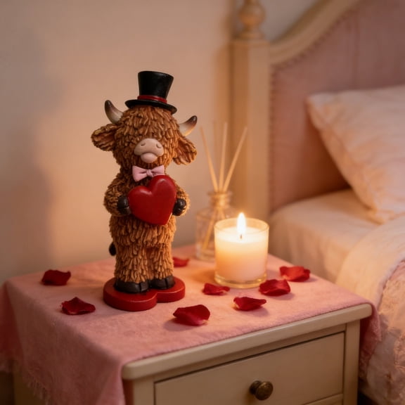 Valentines Highland Cow Decor, Cute Romantic Brown Calf Resin Handmade Figurines for Tiered Tray Table Home Decor, Valentines Gifts for Him Her Wedding Anniversary