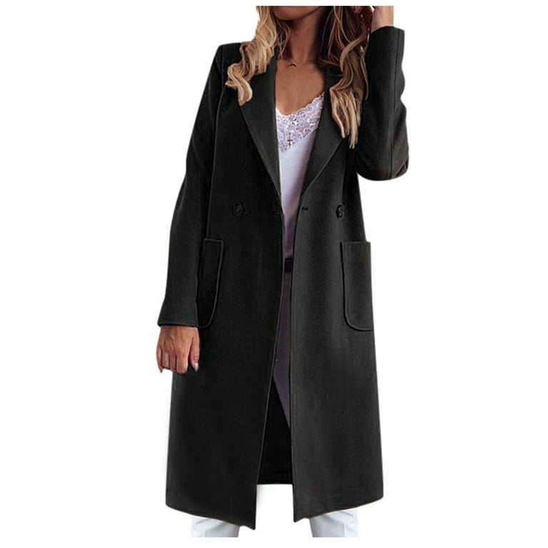 FITORON Winter Coat for Women- Cardigan Long Sleeve Turndown Collar Casual  Fashion Woolen Long Jacket Solid Peacoat Outerwear Black 