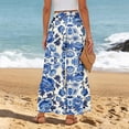 thumbnail image 5 of Womens Beach Wide Leg Pants Elastic High Waist Ties Ruffle Hem Flowy Palazzo Pants with Pockets Blue 2XL, 5 of 5