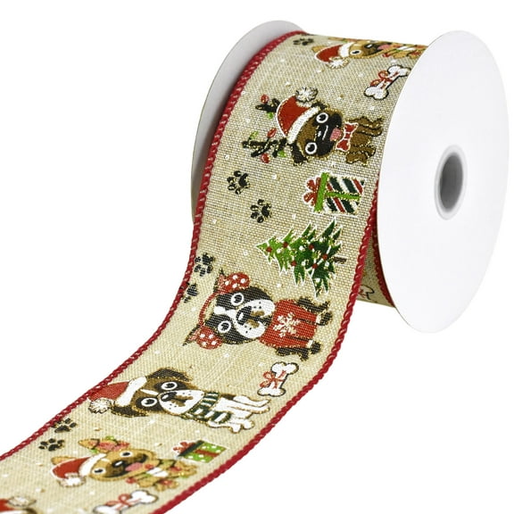 Homeford Dogs and Christmas Presents Faux Linen Wired Ribbon, 2-1/2-inch, 10-yard, Natural