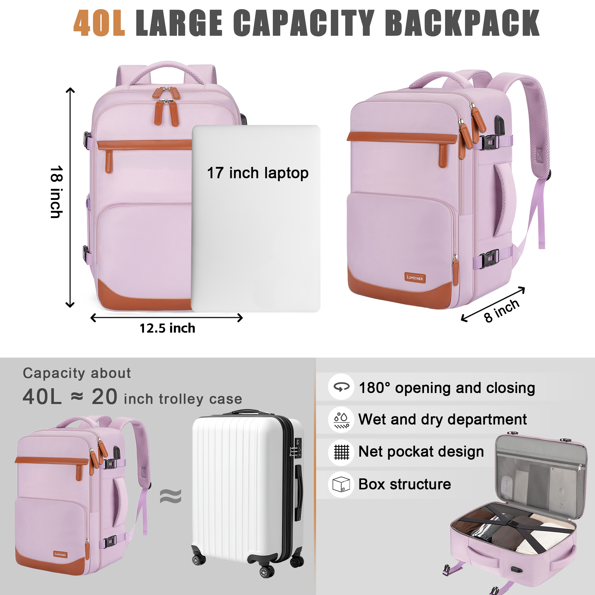 40L Travel Backpack with USB Charging Port, Water-Resistant Carry On Backpack for Men Women, Business Laptop Backpack for Trips & Commutes, Fits 17.3 Inch Laptop