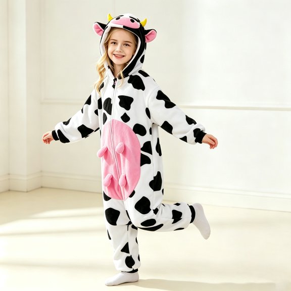 RTKFRFLM Girls Halloween Cow Onesie Pajamas Flannel Cartoon Animal One Piece Sleepwear Cozy Jumpsuit for Kids 3-14Y