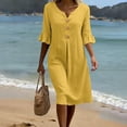 thumbnail image 4 of Women's Loose Dresses V Neck 3/4 Ruffle Sleeve Sundress with Button Front Linen Blend Shift Dress for Summer Vacation Yellow L, 4 of 9