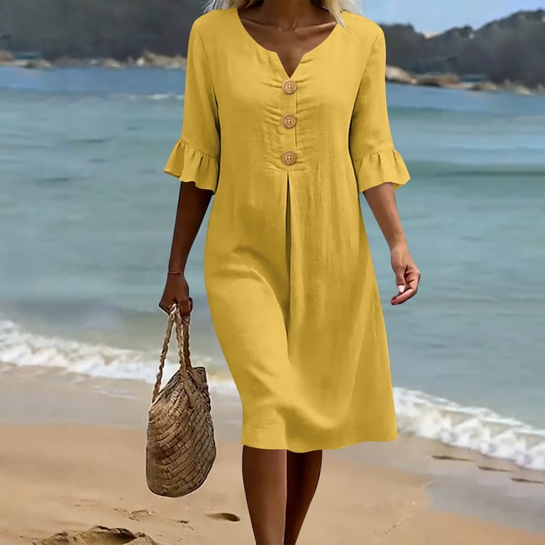 Yuxingfu Wedding Guest Dresses for Women formal Maxi V-Neck Plus Size Womens Dress Short Sleeve with Pocket Long Casual Summer Yellow XXL, Women's,