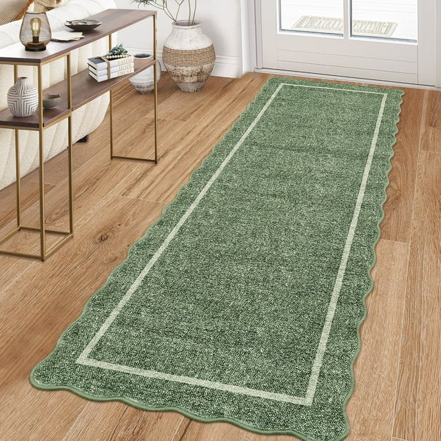 Garvee Scalloped Runner Rugs Modern Bordered Rug, 2x6 Washable Rugs Non-Slip Non-Shedding Rugs Low Pile Indoor Carpet for Hallway Bedroom Entryway Laundry Room, Green