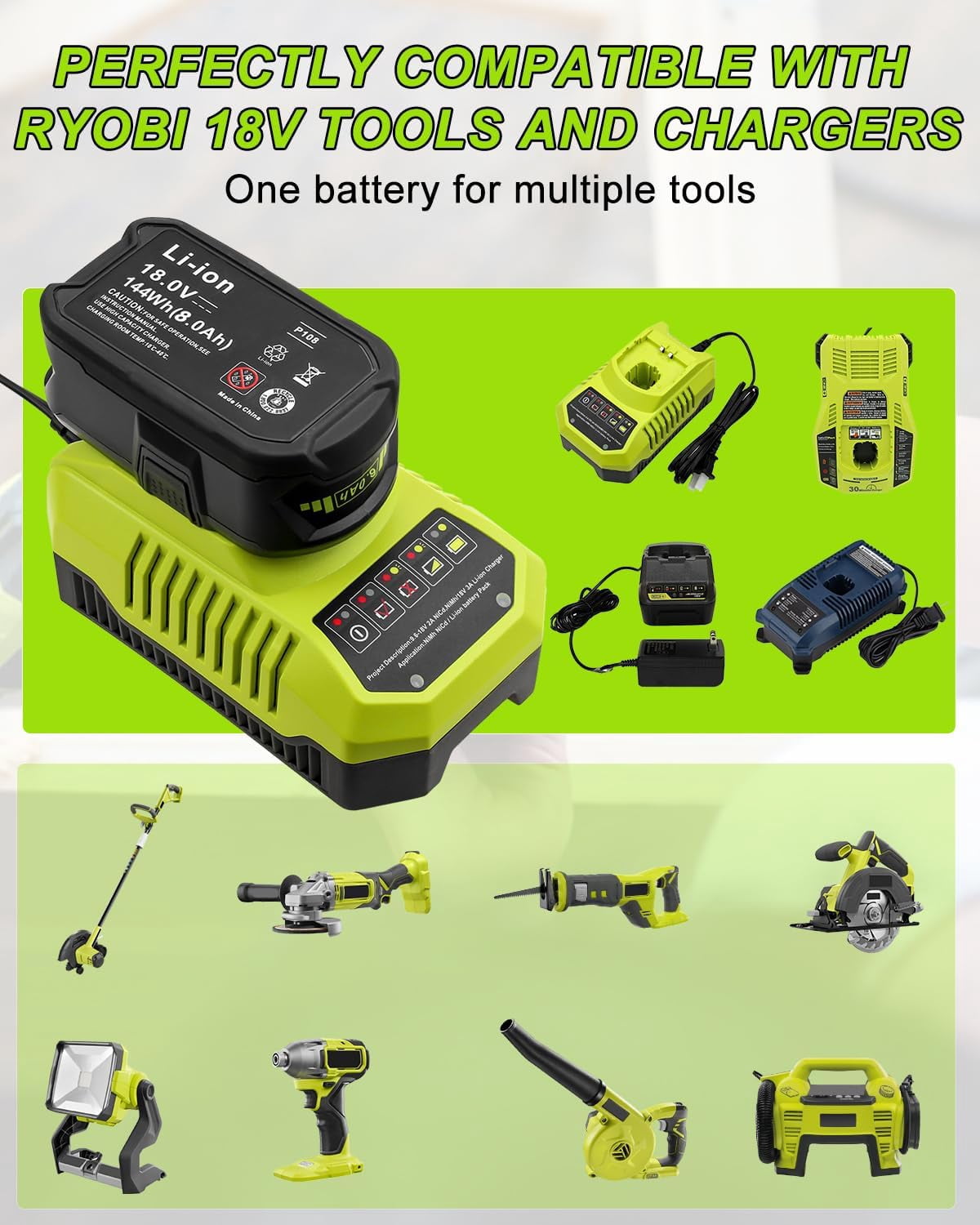 2Pack 8.0Ah Replacement for Ryobi 18V Battery and Charger Combo Replacement for Ryobi 18V Lithium P102 P103 P104 P105 P107 P109 P108 P190 P122 Cordless Tools Battery and P117 Charger