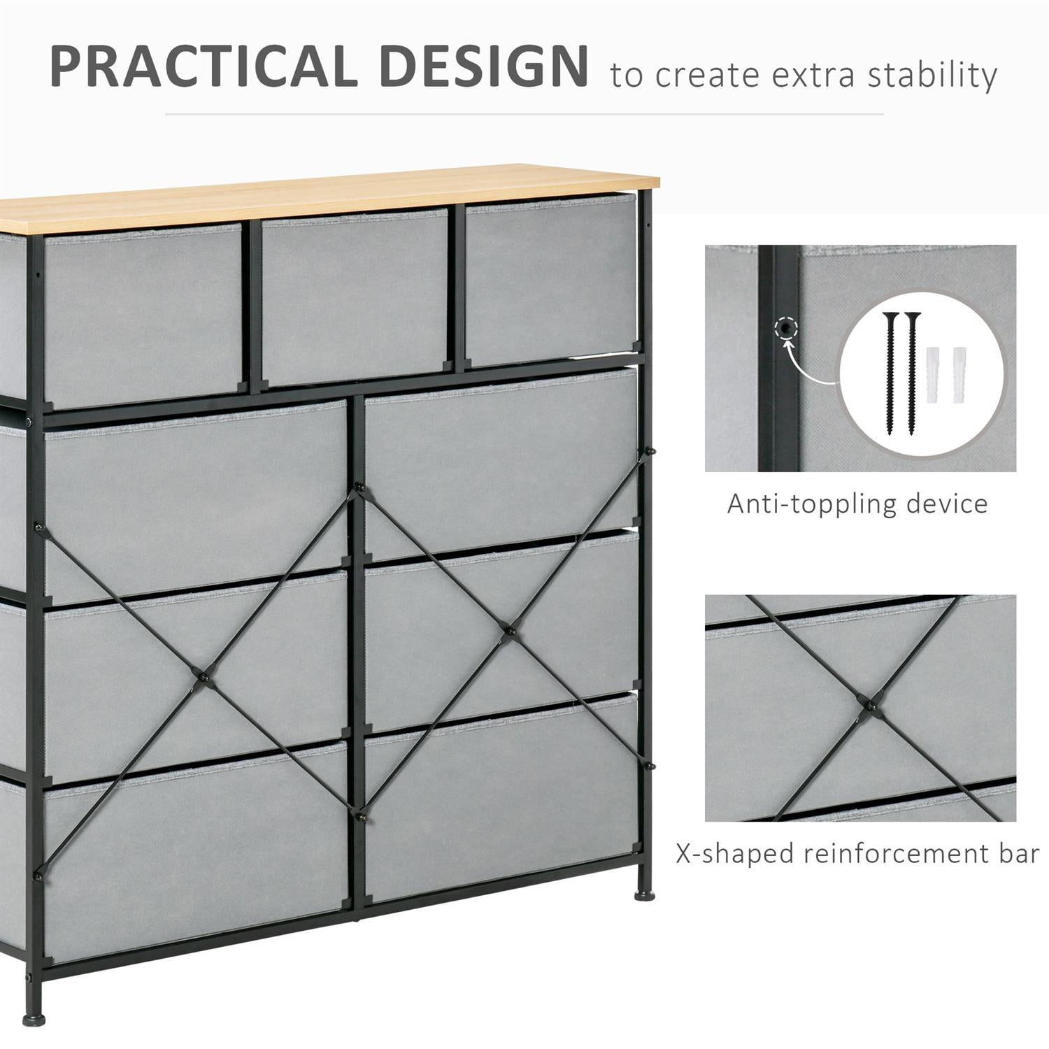 Demi Bonn 9 Drawer Steel Frame Storage Organizer, Wood Top & Easy Pull Fabric Bins for Hallways & Closets, Gray