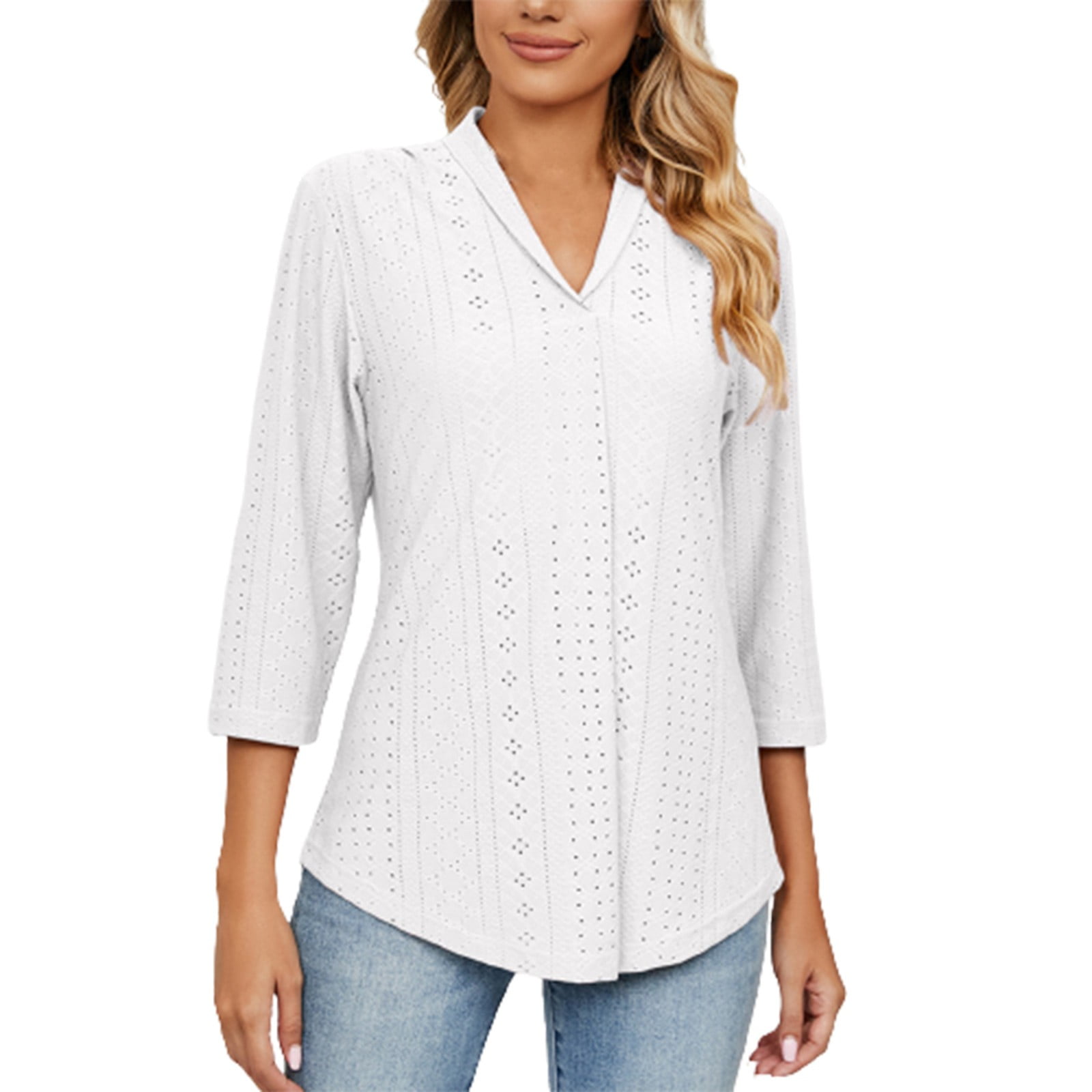 Womens 3/4 Sleeve Tunic Tops Eyelet V Neck Blouses Loose Fit Solid ...
