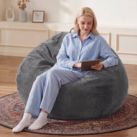 Fulsmile 3.5FT Large Teardrop Bean Bag Chair with Memory Foam Filler Included, Removable Corduroy Cover, Adult Bean Bag for Bedroom Living Room, Grey